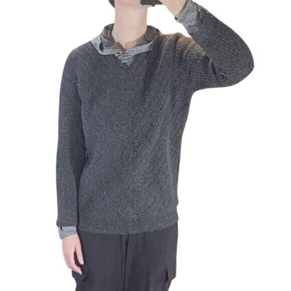 Lambs wool Cashmere Blend Velvet V-Neck Sweater W/XL Grey Excellent Textured - Picture 2 of 9